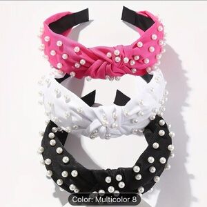 Elegant Fabric Headbands with Pearls - Solid Color Knot ( Set of 3)